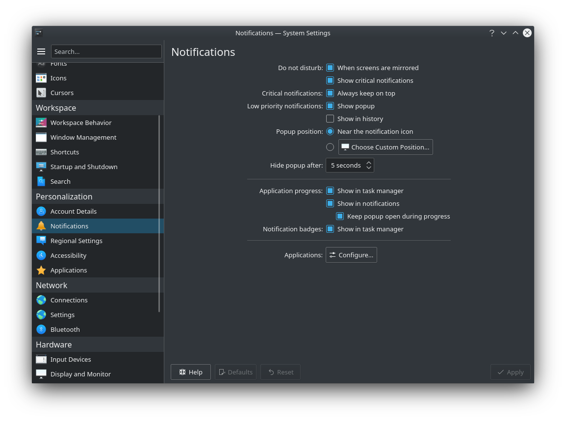 Notifications settings in a form layout